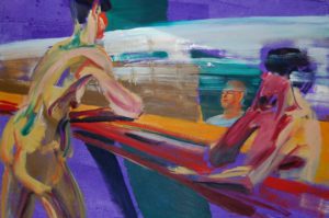 Nude and Artist reflected in passing subway train (oil and acryllic on multiplex - 80x120)