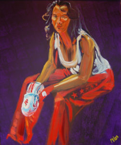 Portrait of woman in kick boxing outfit, resting (oil and acryllic on canvas - 80x80)